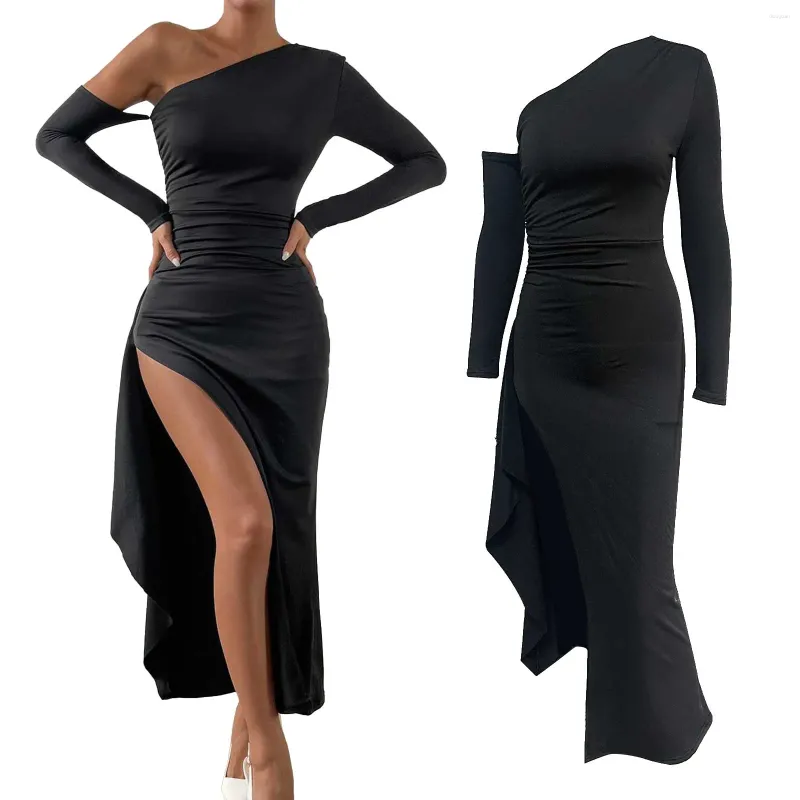 Casual Dresses Women's One Shoulder Long Sleeve Sexy High Slit Wedding Guest Party Maxi Dress For Women Little