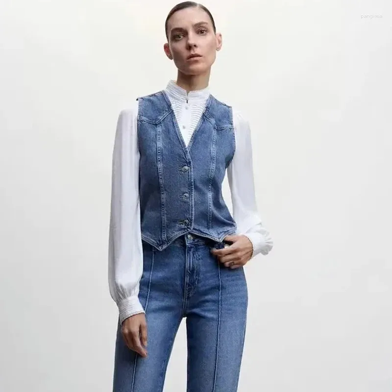 Gilet da donna 2024 Gilet di jeans da donna Cappotto monopetto con scollo a V Gilet corto femminile di moda