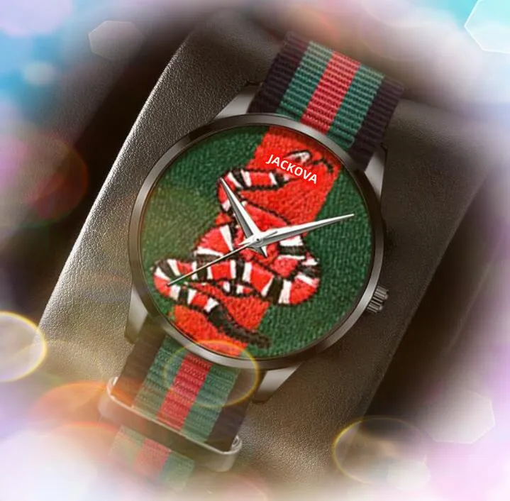 Herrkvinnor Par klockor kvartsrörelse manlig tidsklocka Bee Cat Snake Tiger Dial Nylon Leather rostfritt stål Band Automatisk datum Analog Casual Wristwatch presenter