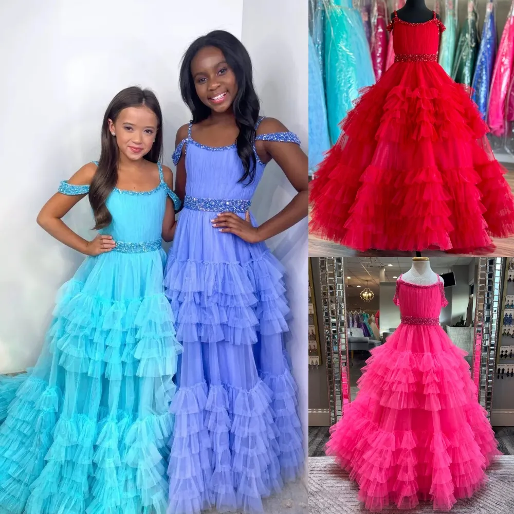 Kleinkind-Mädchen-Festzugkleid mit Rüschen, gestuftes Ballkleid, Blumenmädchenkleid für Hochzeit, Erstkommunion, formelle Kleidung für Kinder, Abschlussball, Feier, Geburtstagsfeier, Immergrün-Pink