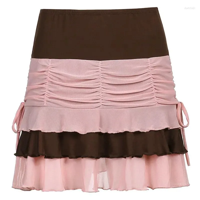 スカートヴィンテージY2K美学パッチワークピンクメッシュかわいいプリーツカワイイ服夏の女性茶色の低ウエストフリルミニスカート