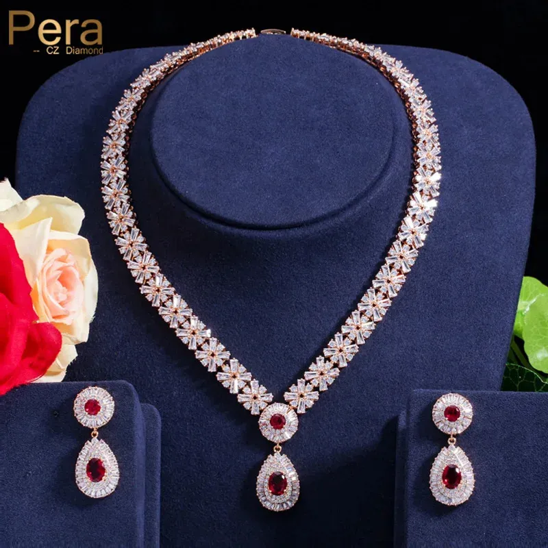 Pera CZ Classic Cubic Zirconia Gold Color Nigerian Wedding African Costume Big Statement Smycken Set With Red Crystal Stone J060 240220