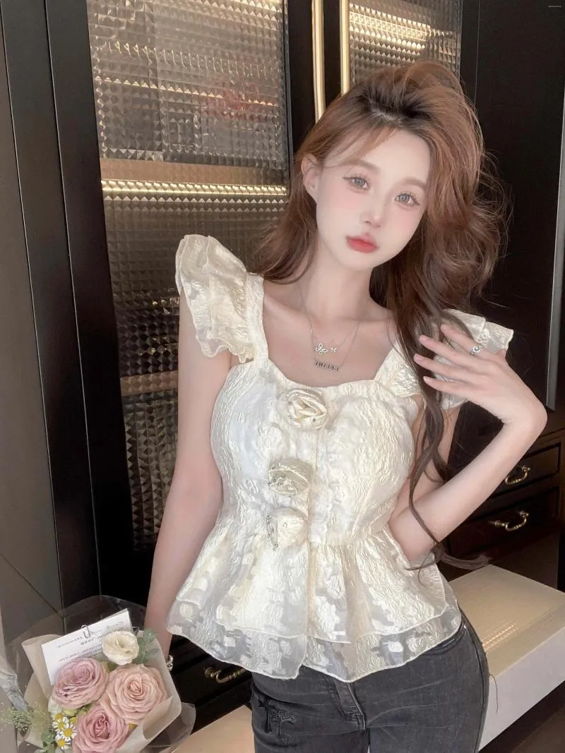 Blusas femininas menina francesa tridimensional flor camisa mulheres verão doce picante gola quadrada manga voadora cintura fina top senhora roupas