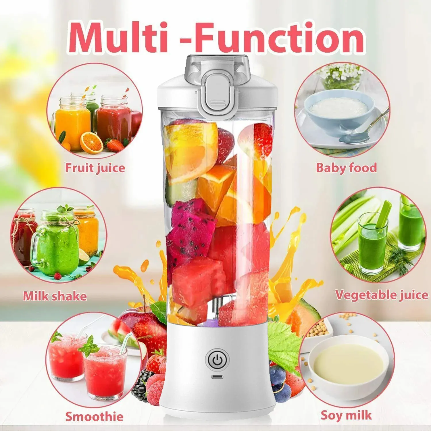 Blender Portable Rechargeable USB - Mixeur Personnel 40W, 6 Lames Inox, Pour Smoothies, Jus, Voyage, Bureau