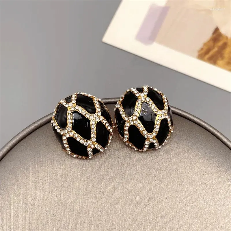 Boucles d'oreilles à clous en forme d'hémisphère rétro euro-américain, incrusté de Zircon, émail noir, pour femmes, mode élégante et exquise