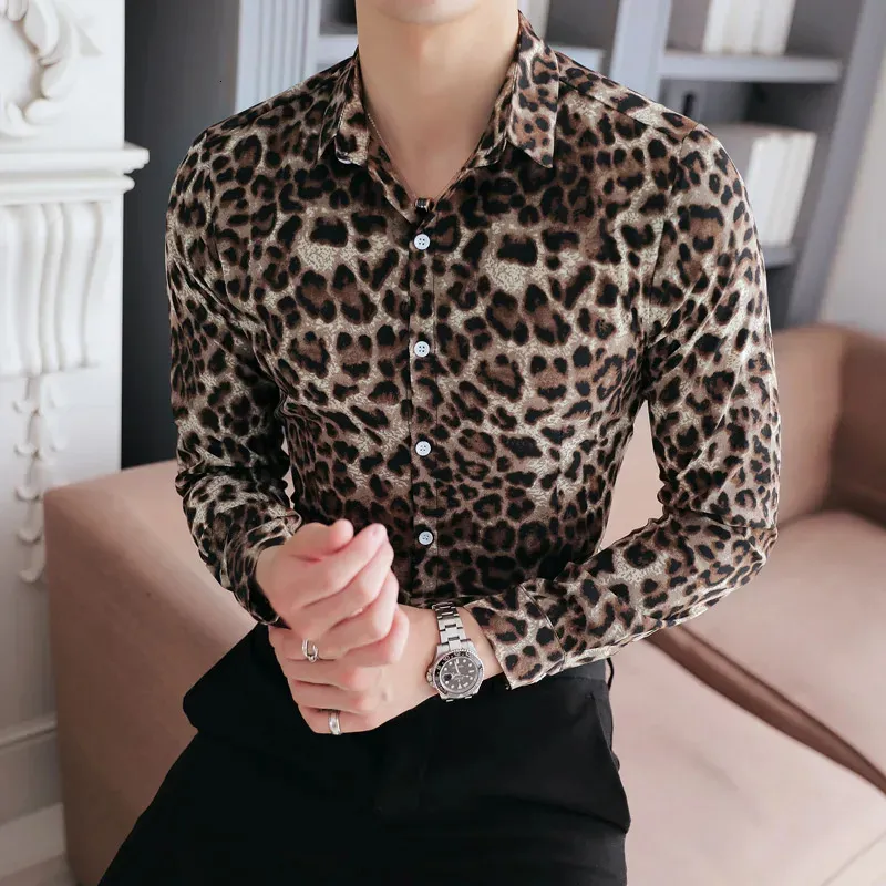 Wysokiej jakości marka koszuli męskiej Slim Fit Casual Leopard Print Social Shirts Dress Long Rleeve Plus Size Club PROM TUXEDO 240221