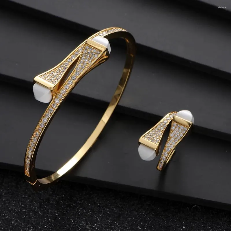 Halsband örhängen set lyx 2 st dubai godisfärger armband ringuppsättningar för kvinnor bröllop kubik zirkon guld öppen manschett bngle brud smycken