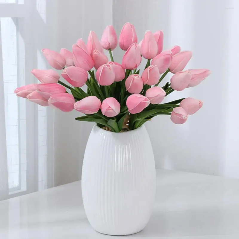 Decorative Flowers 5Pcs/Set Fake Flower Decor Simulated Faux Leather Long Stem Soft Artificial Tulip Wedding Supplies