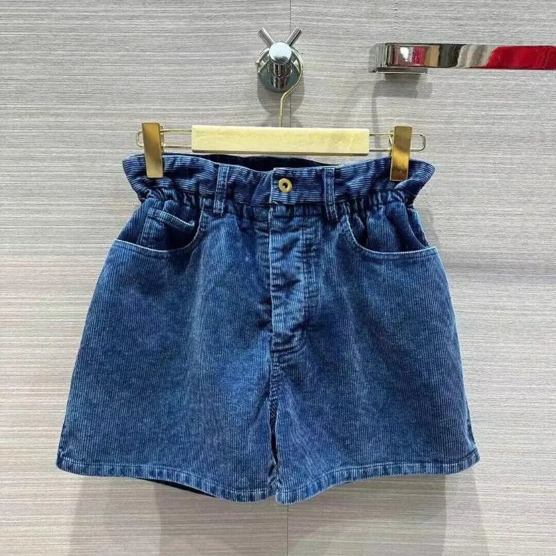 Kvinnors shorts 2024 Summer Fashion Blue Corduroy Women Elastic High midjan Single Breasted Tickets Sweet Girl Vintage