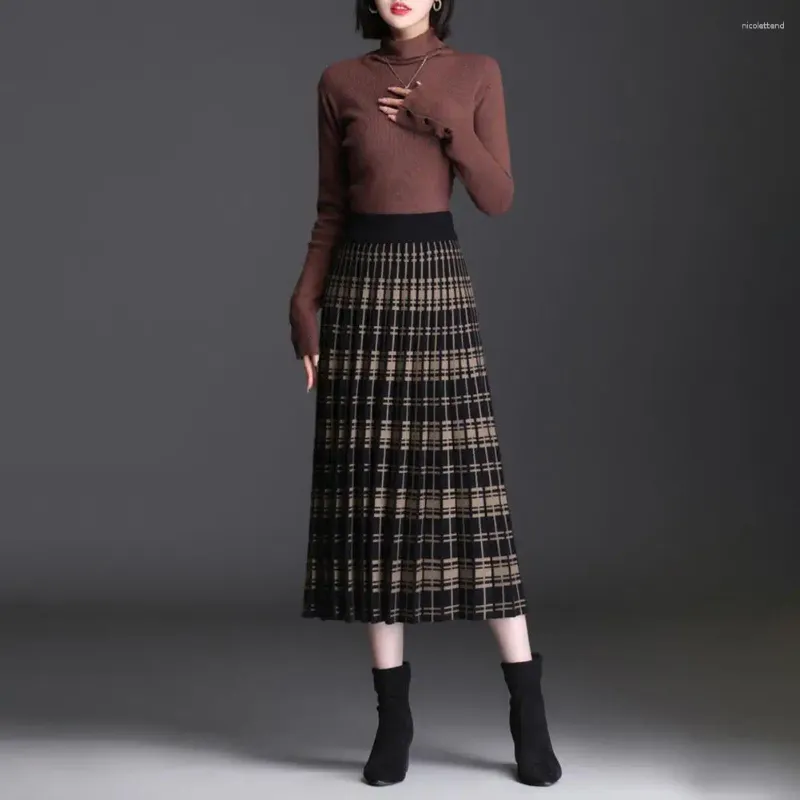 Skirts Elastic Waist Skirt Elegant Pleated A-line Midi With High For Women's Autumn Winter Wardrobe Commute