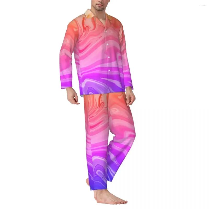 Homens sleepwear azul rosa pijama homens gradiente abstrato impressão moda diária outono 2 peça casual oversize impresso pijama conjuntos