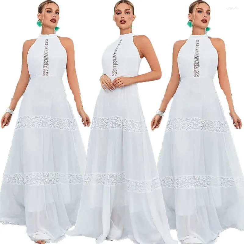 Etnische kleding 2024 zomer witte kanten lange jurk voor vrouwen uitgehold vrouwelijke elegante mouwloze chique jurken feestavondjurk