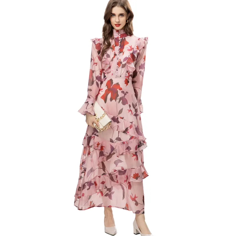 Women's Runway Dresses Stand Collar Ruffled Long Sleeves Printed Casual Holiday Vestidos