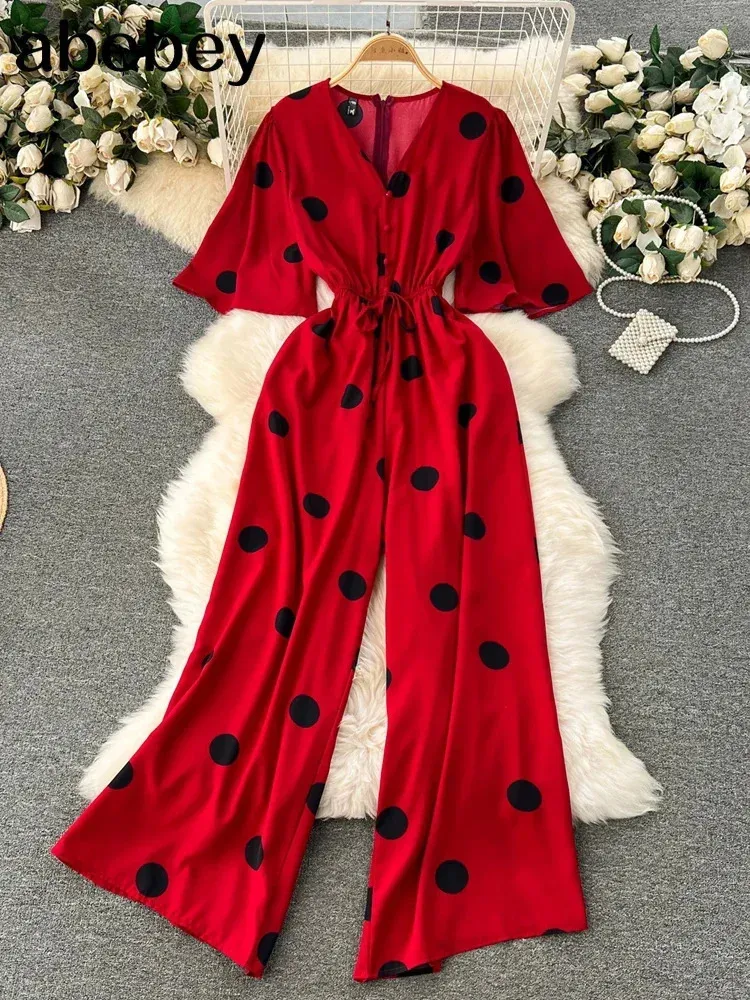 Women Wide Leg Trousers Jumpsuit V Neck Sexy Dolman Sleeves midja Slim Polka Dot Print Jumpsuit 240219