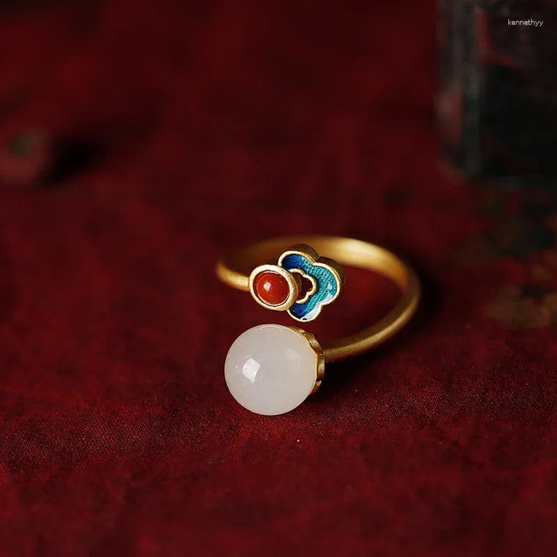 Cluster Rings Original Design Gilt Hetian Jade Ring Enamel Red Stone Auspicious Clouds For Women Chinese Style Gold Plated Wedding Open