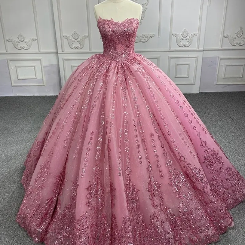 Luksusowe różowe błyszczące ukochane sukienki Quinceanera Applique koronkowe koraliki cekinowe tiul długość podłogi vestidos de 15 anos