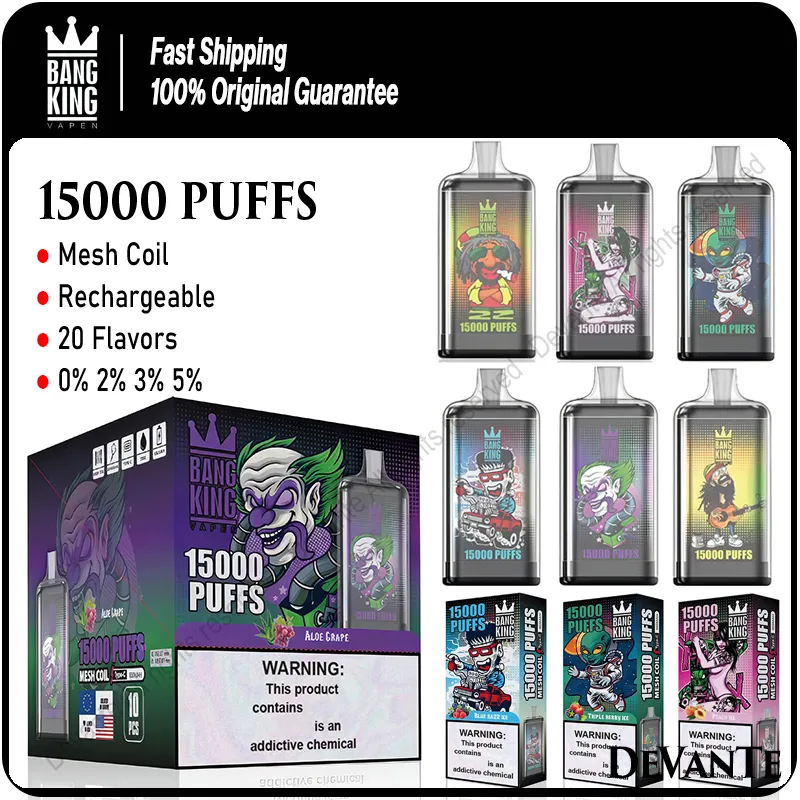 Bang King Puff 15K Vapes Descartáveis Caixa 15000 Puffs E Cigarros Malha Bobina Recarregável Vapers 0% 2% 3% 5% 20 Sabores Vaporizadores