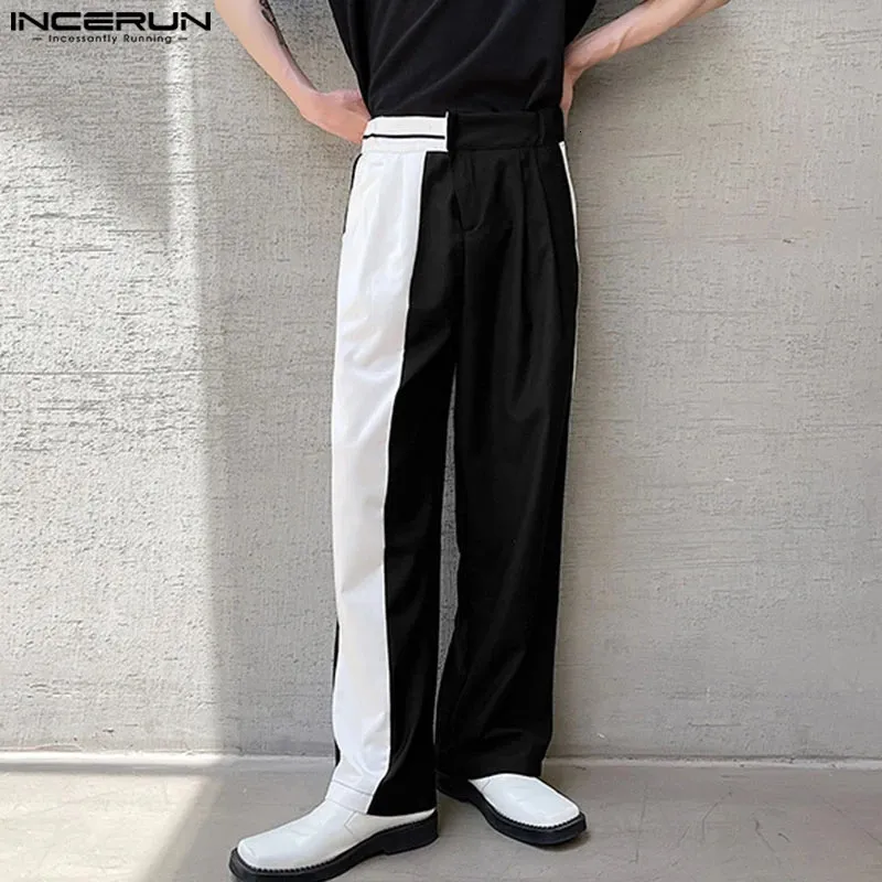 INCERUN Pantaloni da uomo stile coreano Pantaloni casual larghi a vita alta Pantaloni alla moda con design a colori a contrasto S-5XL 240220