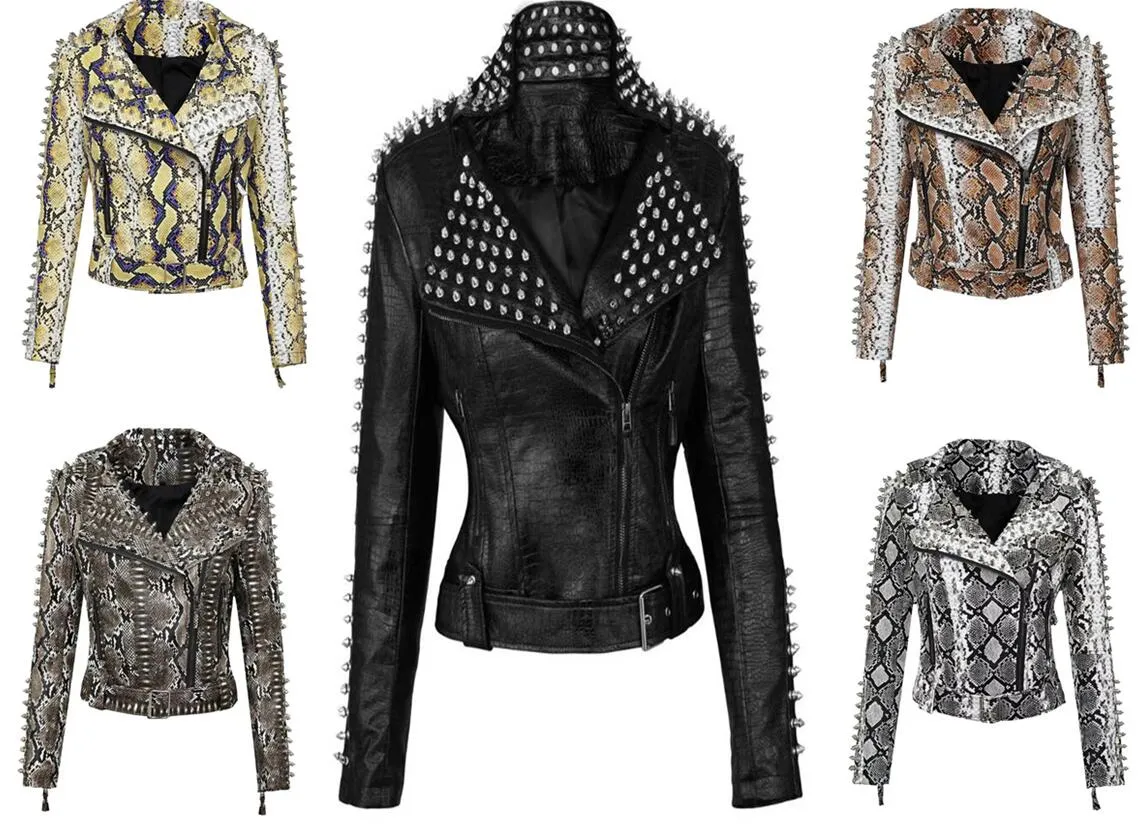 Steampunk Rock Rivet Studded Stitching Motorcycle Leather Jackets Women's Long Sleeved Rock Fashion Personality Leather Jackets Outwear