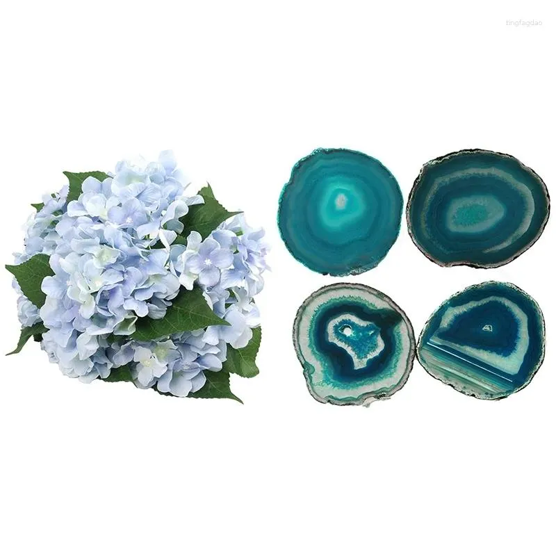 Decorative Flowers 1 Bunch Of 7 Heads Artificial Silk Hydrangea Bouquet & 4 Pcs Blue Agate Teacup Tray