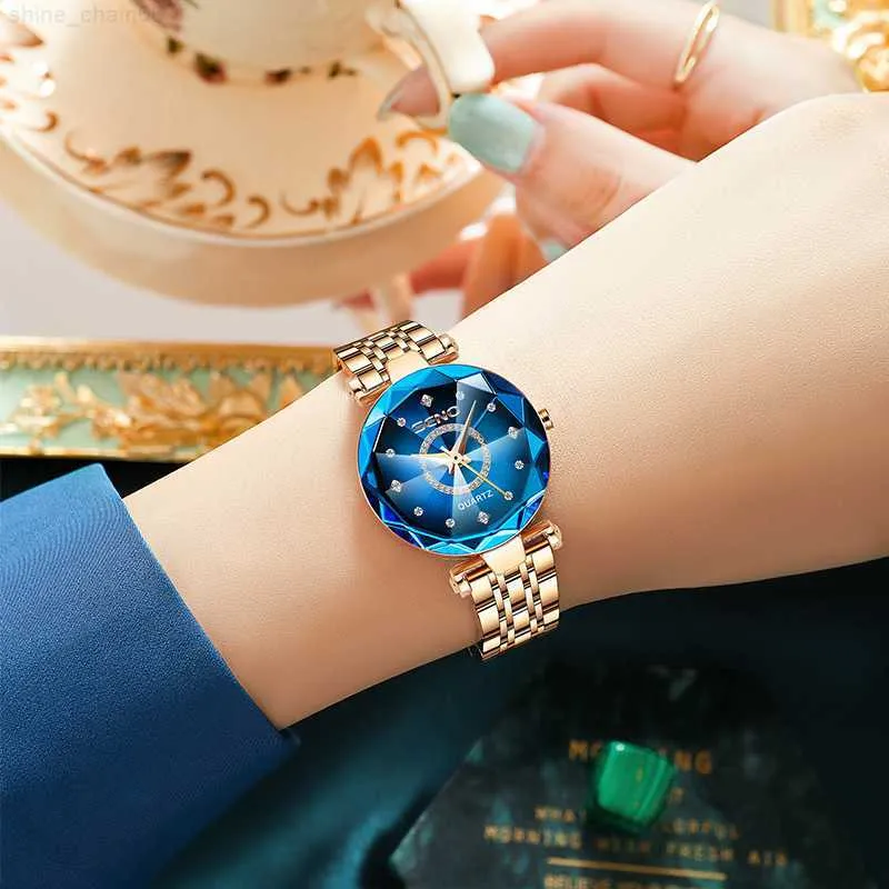 Tiktok oceano cuore marchio stella cielo diamante quadrante luminoso vetro sfaccettato cintura in acciaio massiccio orologio impermeabile da donna