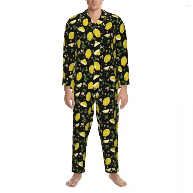 Nachtkleding voor heren Geel Citroen Pyjama Set Lente Helder Fruit Print Heerlijk slapen Heren 2-delig Retro oversized ontwerp Nachtkleding aanwezig