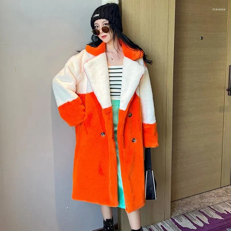 Женское меховое зимнее женское корейское повседневное оранжевое длинное женское искусственное пальто в стиле пэчворк контрастного цвета с рукавами с лацканами с имитацией пальто