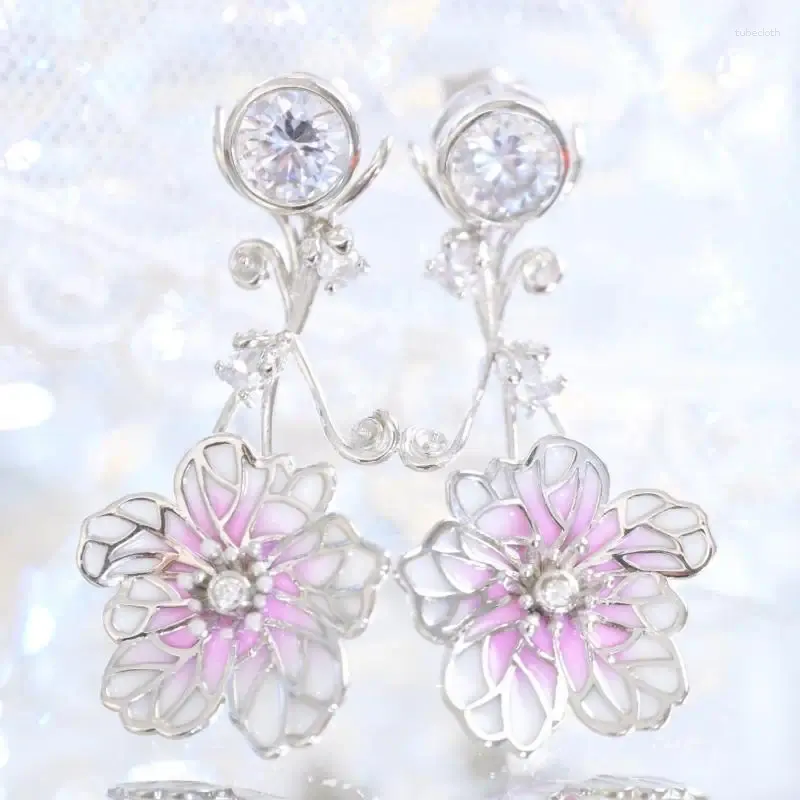 Brincos pendurados ZOCA 925 prata esterlina rosa flor de pêssego feminino feitos com processo de esmalte
