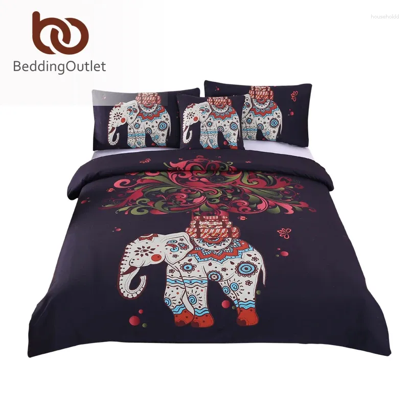 Beddengoedsets BeddingOutlet 4-delige Boheemse set Olifantboom Zwart bedrukt Boho Dekbedovertrek Zachte sprei Twin Volledige Koningin Koning