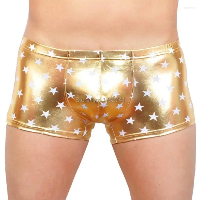 Cuecas masculinas 3D brilhantes boxers couro como bolsa troncos estrela faux boxer roupa interior corte quadrado calças curtas