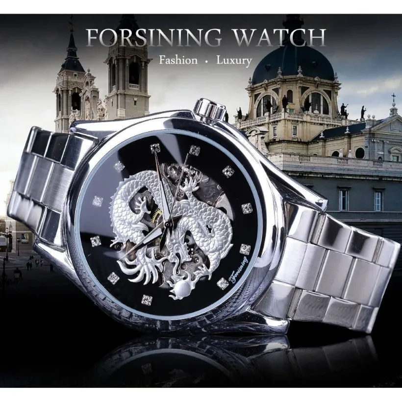 Forsining Diamond Montre Design Silver Stainless 자동 드래곤 디스플레이 남성 Homme Luxury Watches 손목 브랜드 클래식 Top Steel H231S