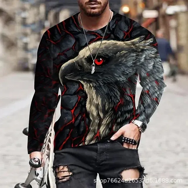 Animal Eagle Vintage 3D Print Summer Mens Round Neck Tshirt Casual Long Sleeve Oversized T Shirt Fashion Pullover Men Clothing 240219