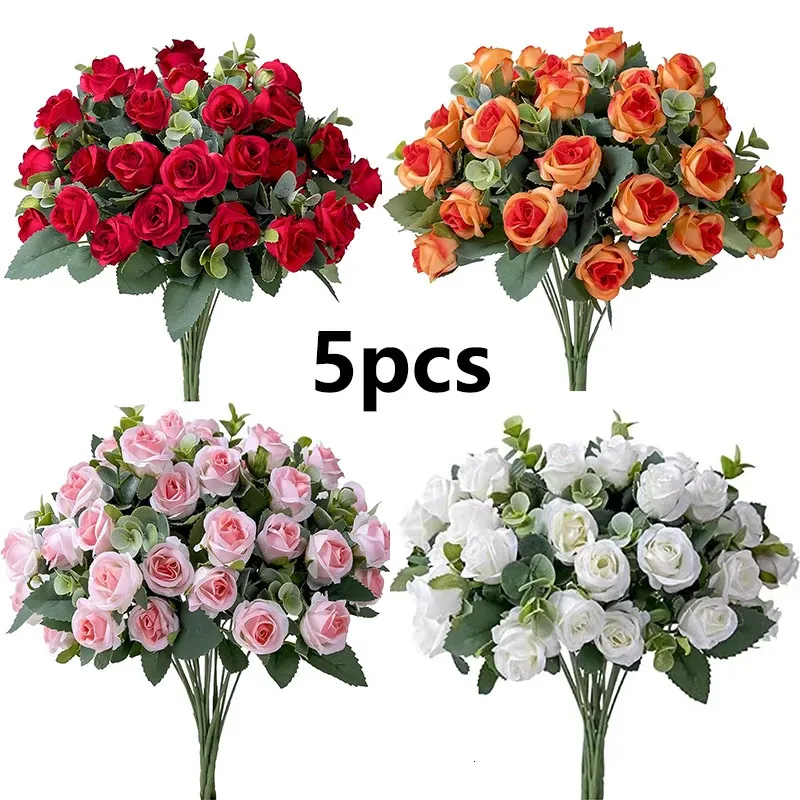 5pc sztuczne kwiaty róże bukiet eukaliptus pozostawia peony Fake Flower Wedding Party Dekoracja stolika domowego Waza Dorasa 240220