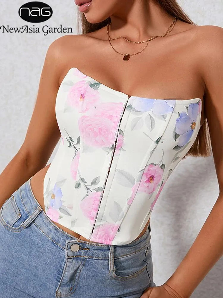 Women's Tanks Asia Floral Tube Tops Women Summer Sexy Print Backless Crop Top Sweet Front Fastener Bandage Corset Sleeveless Bustier Tank