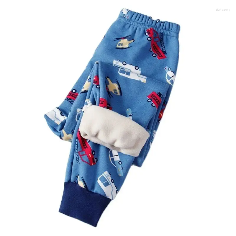 Trousers Baby Boys Girls Pants Underwear Winter 4-12Years Cartoon Car Pattern Plush Full Length Kids Casual Can For Outerwear