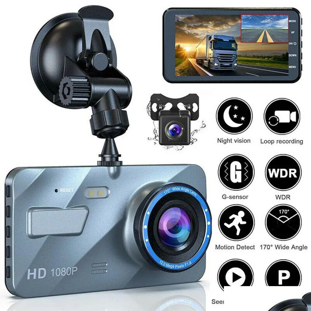 CAR DVR A10 4 tum HD 1080p Dual Lens Video Recorder Dash Cam Smart G-Sensor Bakkamera 170 graders bred vinkel Tra Upplösning Drop D DHW3Z