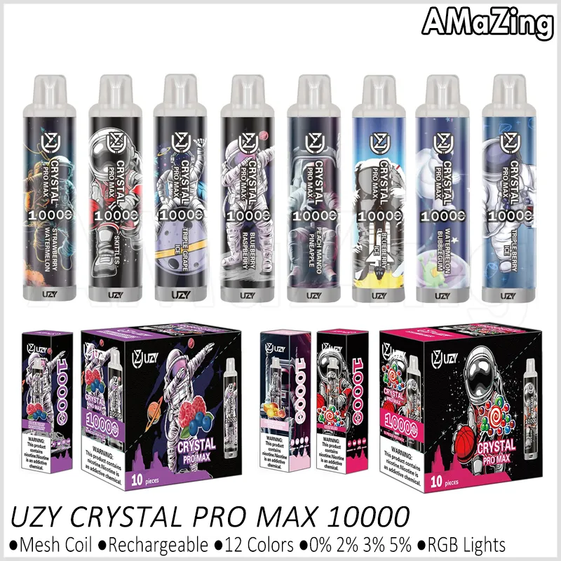 Autêntico UZY Crystal Pro Max 10000 Puffs Descartáveis Vape Bar Kit Puff 10K Malha Bobina Recarregável E Cigarros 0% 2% 3% 5% Vaper