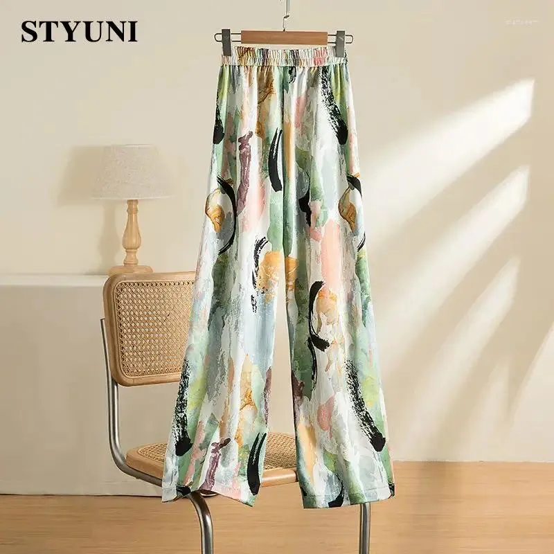 Spodnie damskie geometryczne druk w stylu elastycznego elastycznego wysokiej talii szerokokadłubowe luźne koreańskie kostki dla kobiet 2024