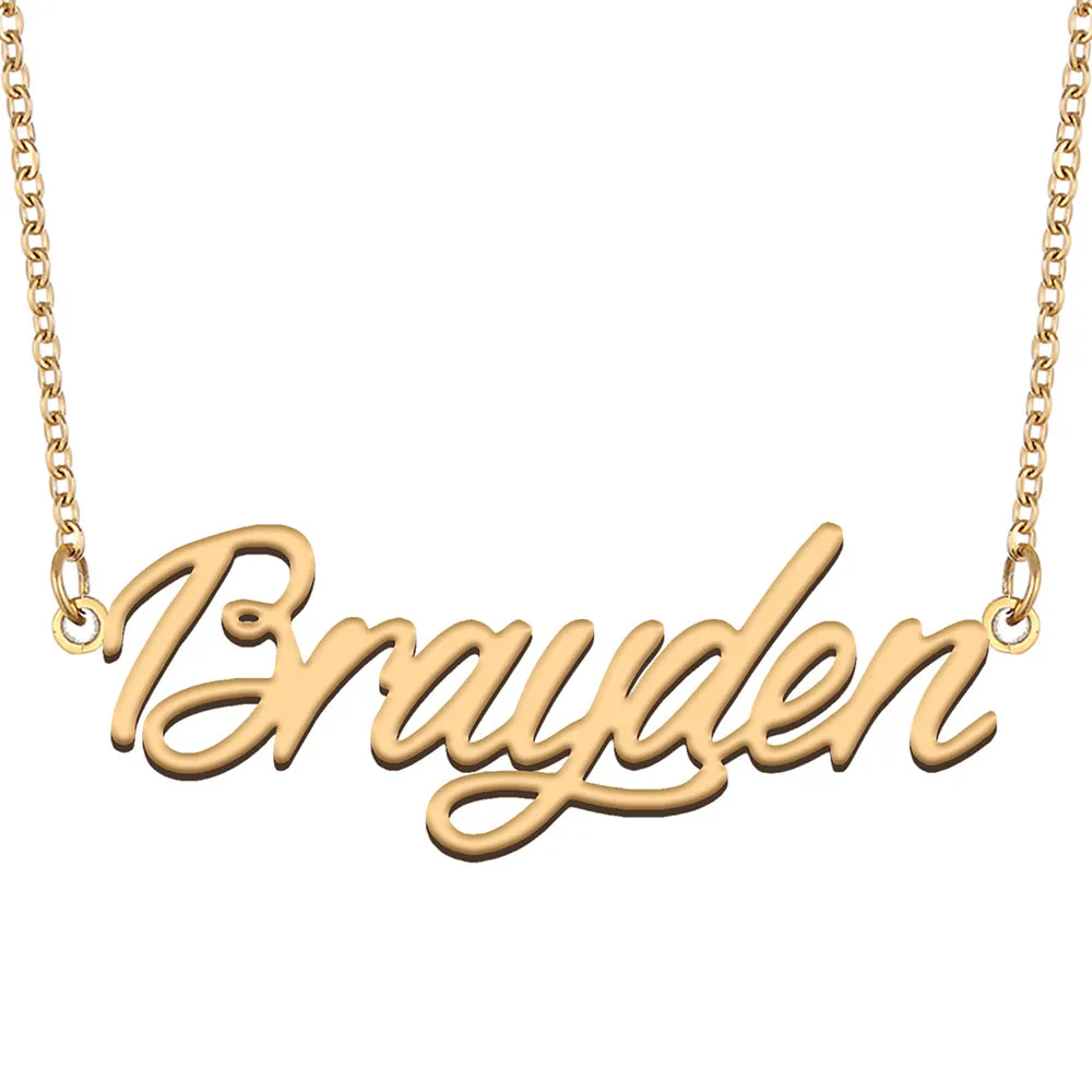 Brayden Namenshalskette, individueller Namensschild-Anhänger für Frauen, Mädchen, Geburtstagsgeschenk, Kinder, beste Freunde, Schmuck, 18 Karat vergoldeter Edelstahl