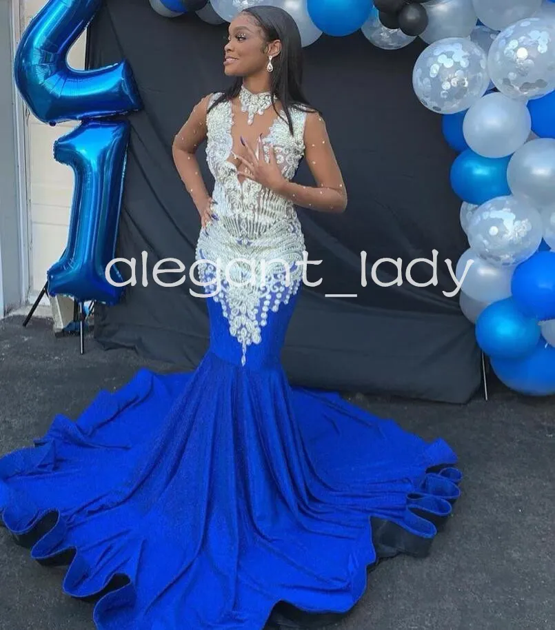 Sparkly Royal Blue Trumpet Evening Formal Dreses for Women Luxury Diamond Crystal Gillter Prom Birthday Gown Black Girl