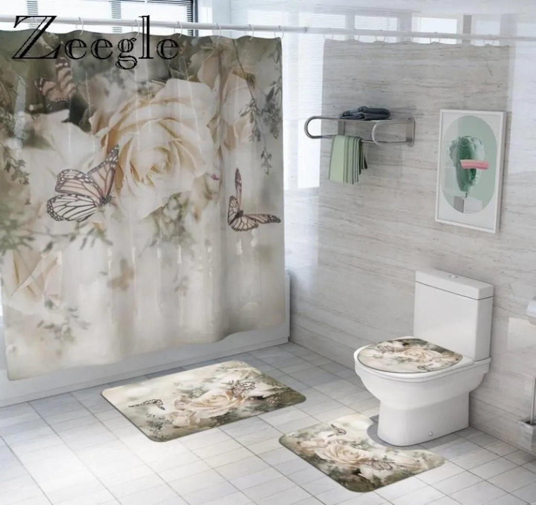 Floral Bath and Curtain Set Antislip Shower Bathroom Foot Rug Home Decoration Toilet Floor Mat 2011197259576