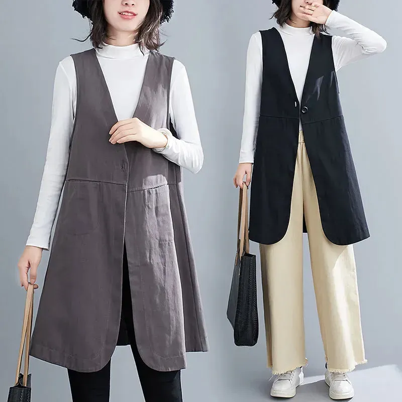 Waistcoats MidLong Cotton Linen Vest Women's New Spring/Summer Outwear 2023 Loose Sleeveless Coat Overcoat Waistcoat Grey Vests Female