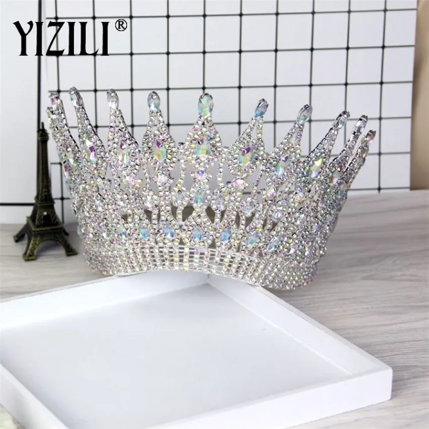 Yizili Luxe Grote Europese Bruid Bruiloft Kroon Prachtige Kristallen Grote Ronde Koningin Kroon Bruiloft Haaraccessoires C021 2102032293