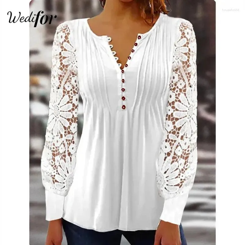 Women's T Shirts Wedifor Fashion Lace Patchwork Women Long Sleeve V Neck Button Casual T-Shirt Elegant Ruched Solid Clothes Tops