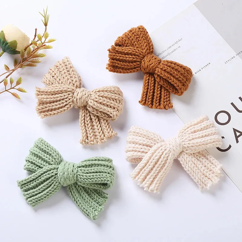 2 Stücke Wolle Stricken Haarnadeln Für Baby Haar Clips Bögen Mädchen Barette Kind Winter Pins Mädchen Set Kinder Zubehör Retro haarspange 240220