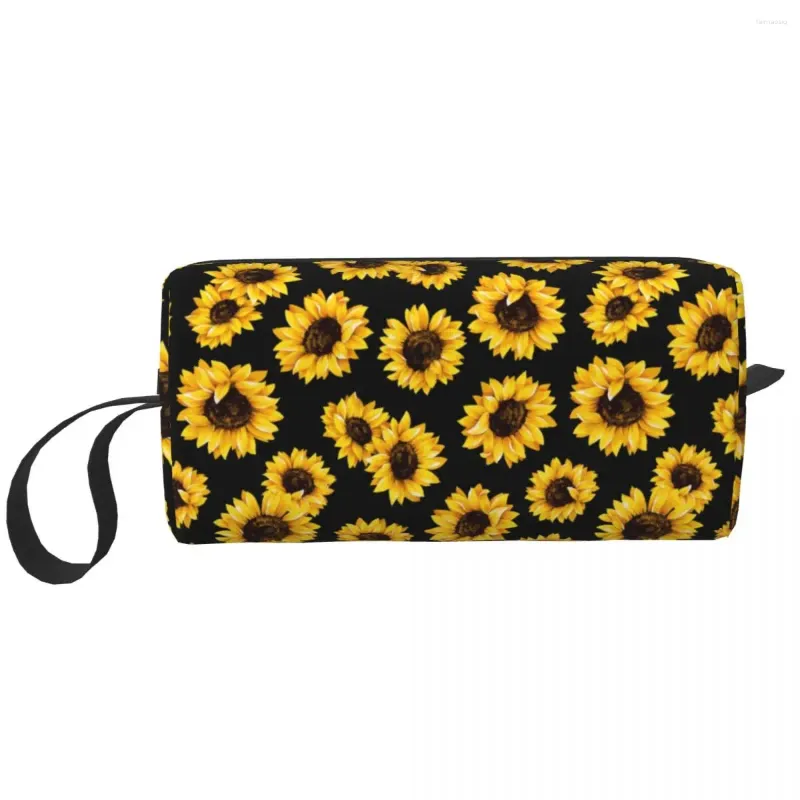 Sacs à cosmétiques, grand sac de maquillage à fleurs de tournesol, pochette à fermeture éclair, voyage marguerite, articles de toilette portables pour femmes