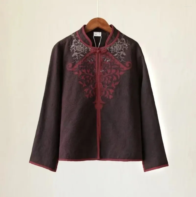 Giacche da donna Giacca corta di lusso Giacca vintage in lino trapuntato jacquard vino rosso ricamo Abiti da donna