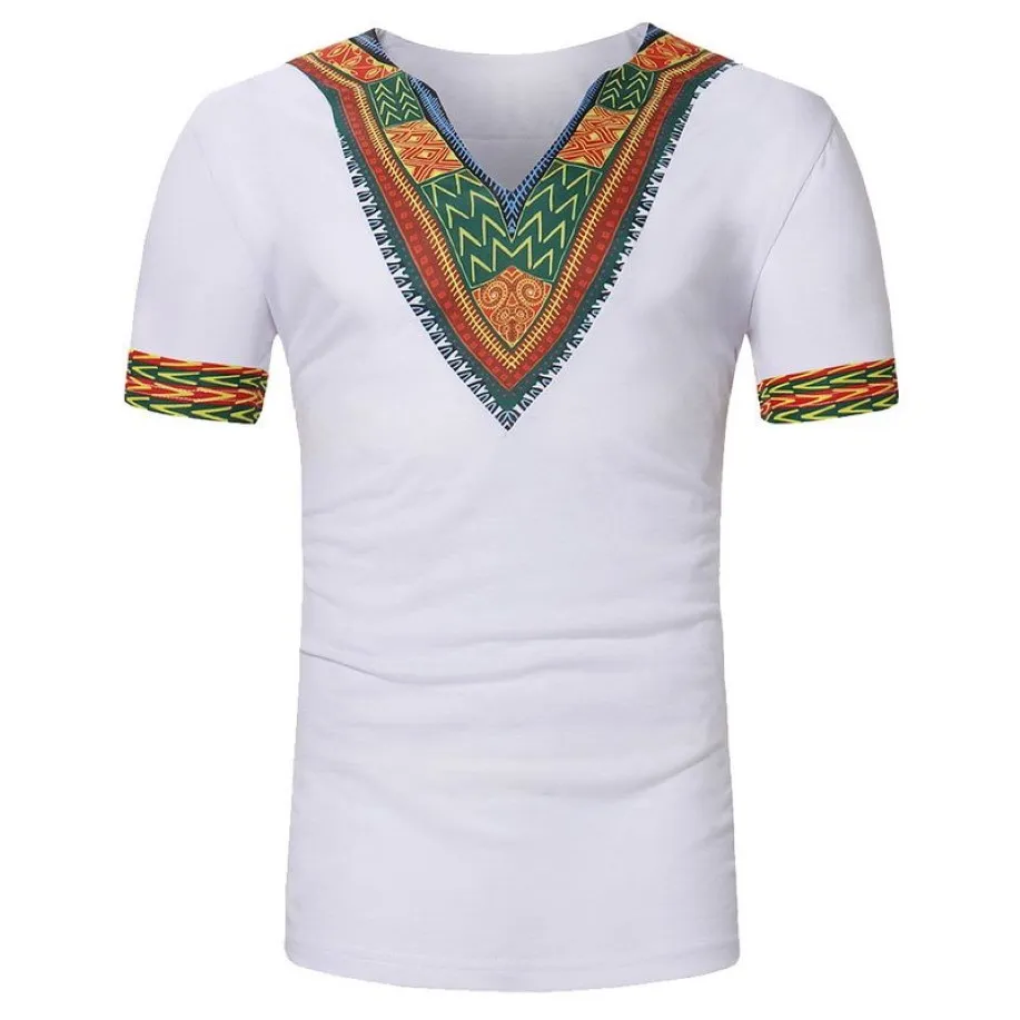 Mönster tryck män t-shirt sommar afrikansk stil vintage teetops v hals kort ärm tee skjortor homme casual tee232c