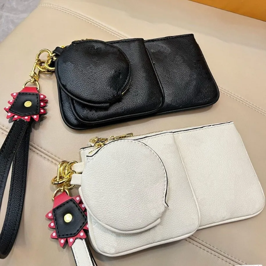 Designers de couro pequena carteira mulher mini moeda bolsa zíper 3 peças marca trio bolsa sacos embreagem cores círculo zip pulseira chave c270p