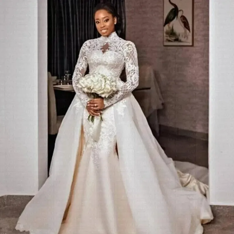 Plus Size Mermaid Wedding Aso Ebi Sheer Neck High Bride Dress Long Sleeves Dresses African Arabic Charming Train Formal Bridal Gowns